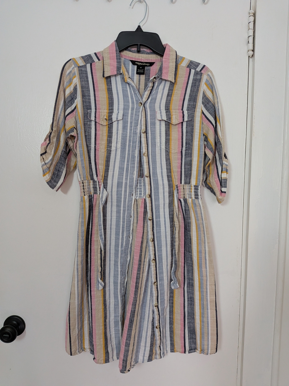 Button-Front Striped Shirt Dress - Pink, Blue & Yellow